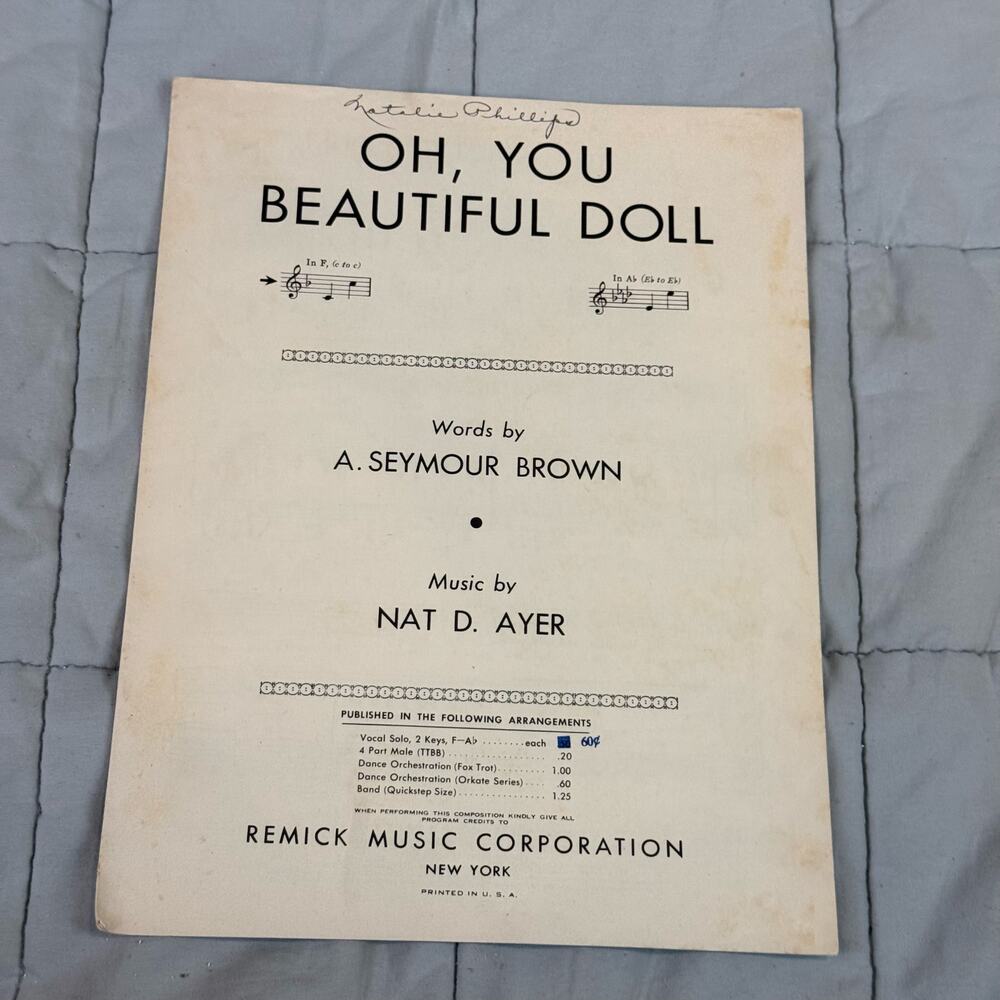 Vintage Sheet Music Oh! You Beautiful Doll A. Seymour Brown & Nat D. Ayer  1911